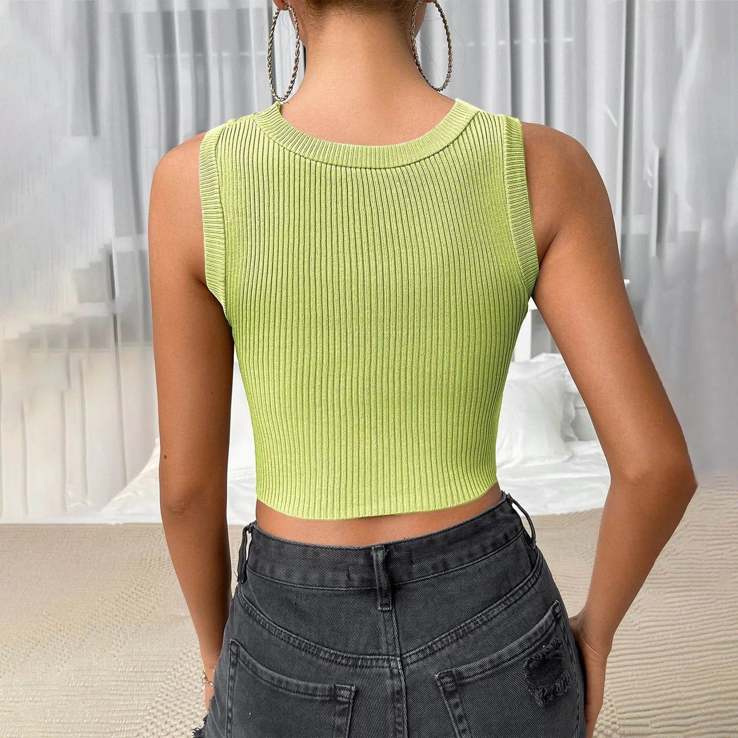 Women Skinny Streetwear Knitted Crop Fashion Solid Sleeveless Hollow Out Ladies Club Cami Top