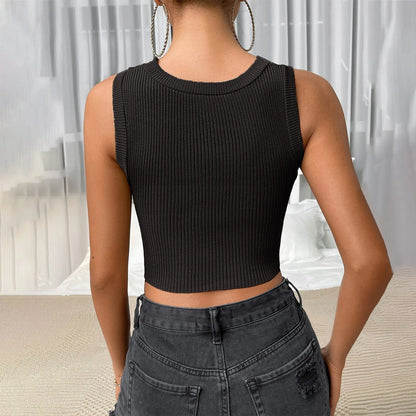 Women Skinny Streetwear Knitted Crop Fashion Solid Sleeveless Hollow Out Ladies Club Cami Top