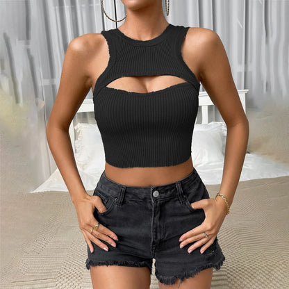 Women Skinny Streetwear Knitted Crop Fashion Solid Sleeveless Hollow Out Ladies Club Cami Top