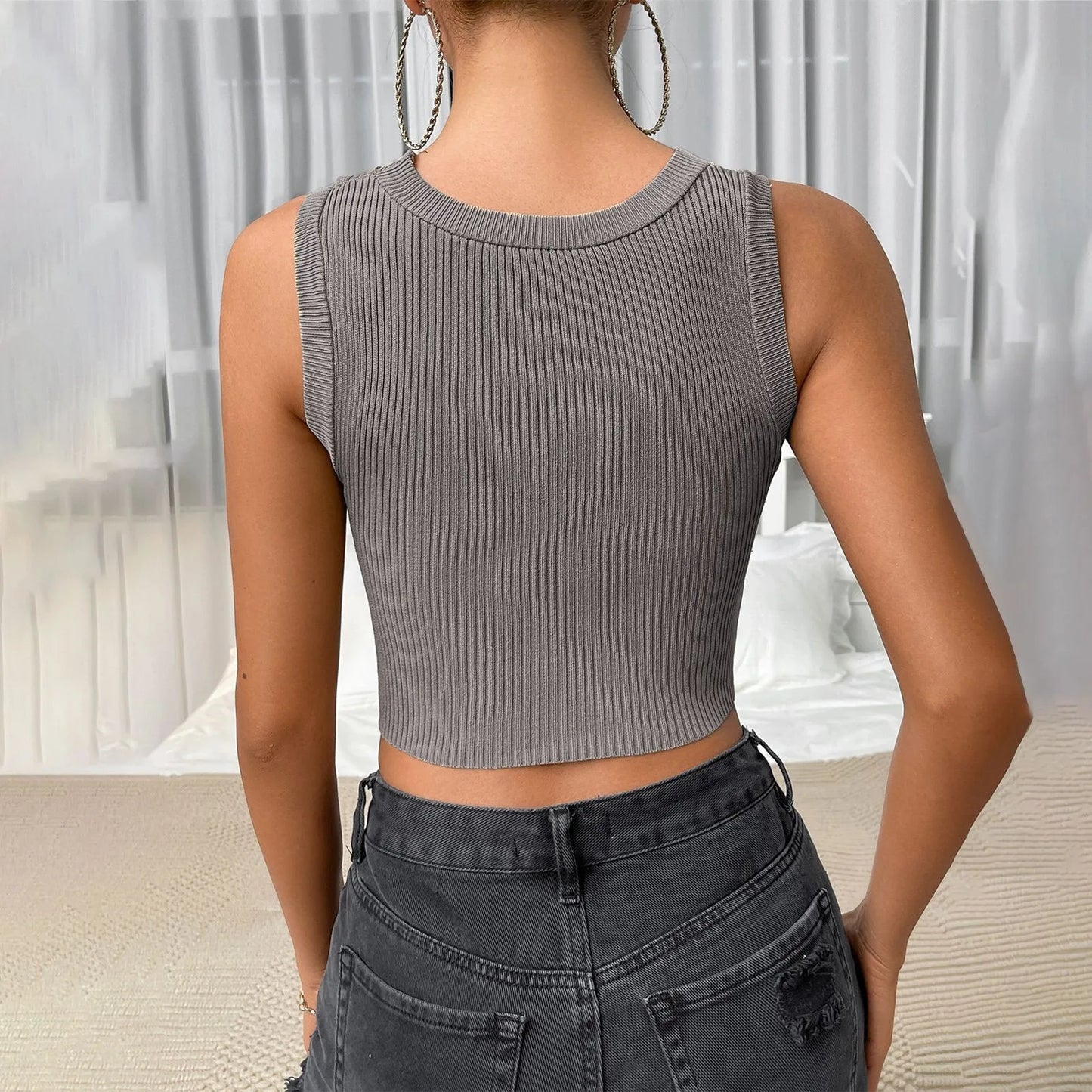 Women Skinny Streetwear Knitted Crop Fashion Solid Sleeveless Hollow Out Ladies Club Cami Top