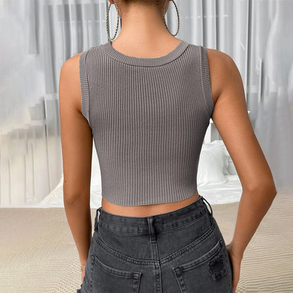 Women Skinny Streetwear Knitted Crop Fashion Solid Sleeveless Hollow Out Ladies Club Cami Top