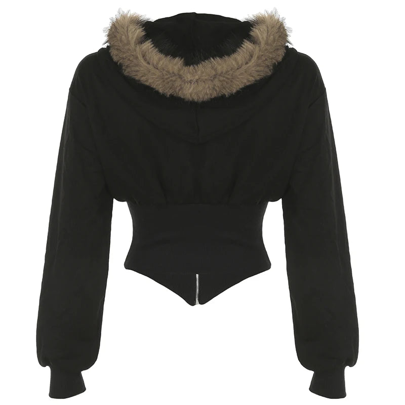 Fashion Slim Fit Faux Collar Hooded Women’s Coat Simple Basic Zipper Long Sleeve Jackets Autumn Winter Trendy