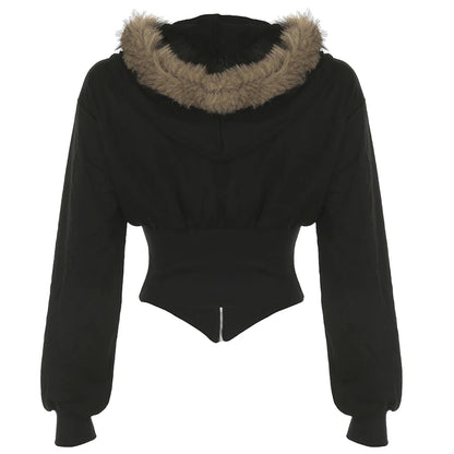 Fashion Slim Fit Faux Collar Hooded Women’s Coat Simple Basic Zipper Long Sleeve Jackets Autumn Winter Trendy