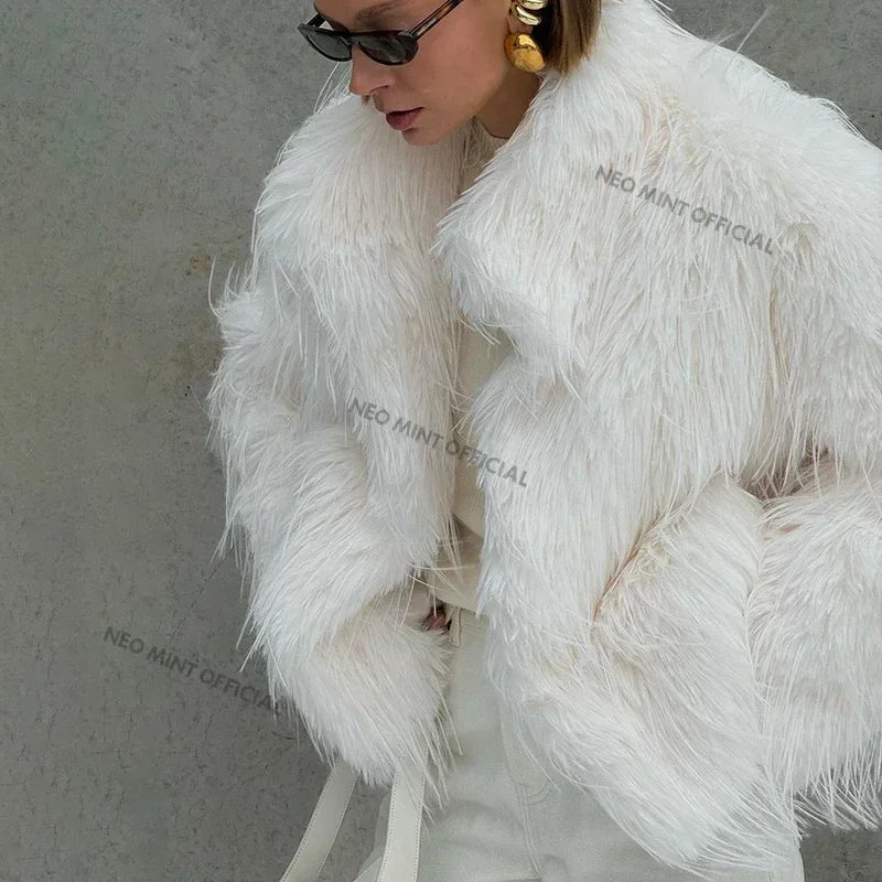 Winter Fluffy Faux Fur Coat Women Luxury Brand Tassels Furry Turkey Fur Jacket Streetwear Loose Overcoat Outerwear
