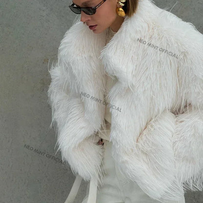 Winter Fluffy Faux Fur Coat Women Luxury Brand Tassels Furry Turkey Fur Jacket Streetwear Loose Overcoat Outerwear