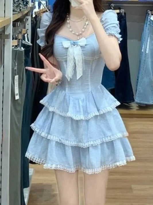 Voguable Sweet Kawaii Blue Plaid Dress Woman Lolita Lace Y2k Mini Dress Short Party Elegant One Piece Dress Korean Fashion