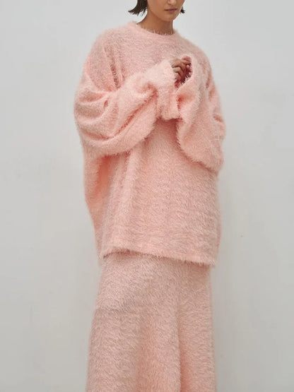 TRAUXY Autumn Winter Plush Knitted Suit Women’s Long Sleeve O-Neck Pullover Top Long Skirts Two Piece Sets Solid Female Elegant
