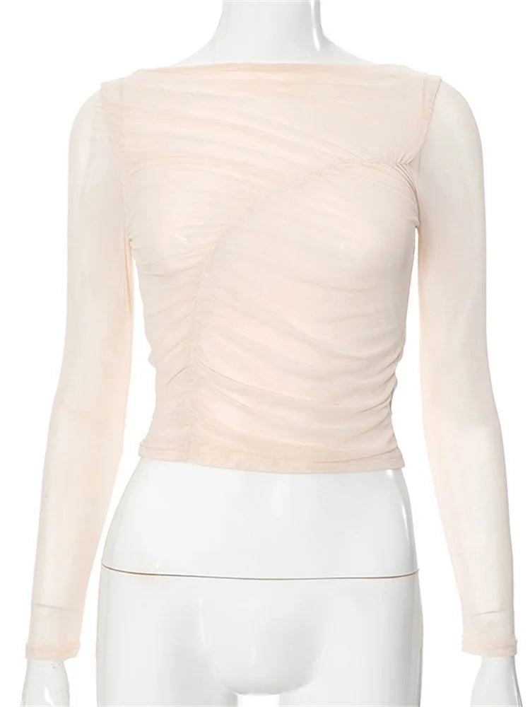 Summer See-Through Mesh T-shirt Top Women Pleated Patchwork See-Through Slim Cropped Top Tee Female Solid T-shirt Pullover