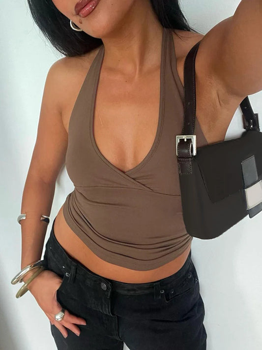 Cross Tie Halter V Neck Crop Top Women Solid Basic Casual Slim Backless Sexy Tank Vest