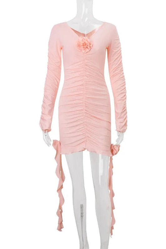Pleated Long Sleeve Patchwork Mini Dress