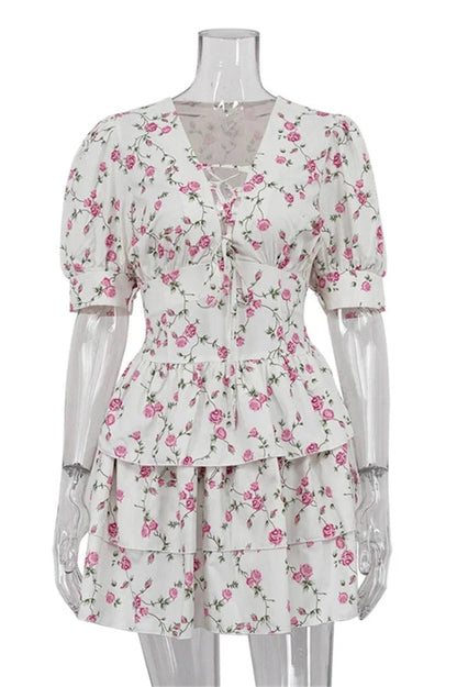 Printed V-Neck Short Sleeve Mini Dress