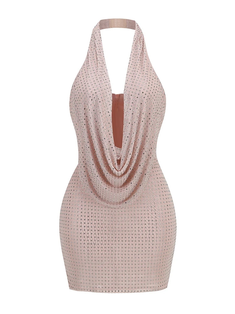 Sparkling Elegant Rhinestone Mesh Halter Backless Party Dress