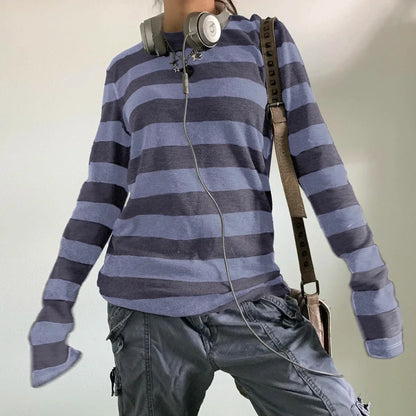 y2k Aesthetic T Shirt  Grey Striped Long Sleeve Tops Gothic E Girl Punk Dark Academia Clothes Streetwear