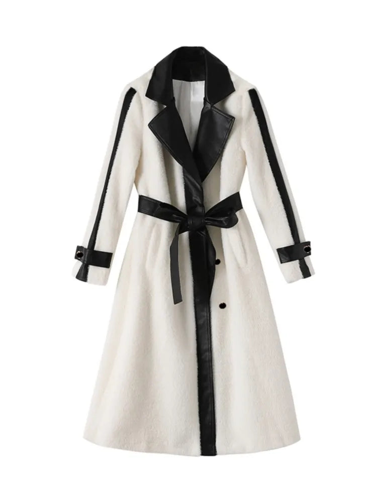 Autumn Winter Chic Woolen Coat Women Patchwork Long Jackets with Belt Lapel Korean Fashion Female Outerwear New Soft Overcoat