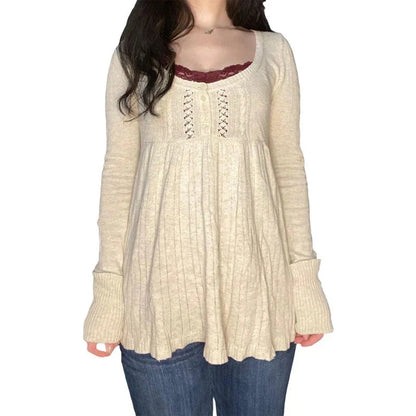 Vintage Babydoll Tops Pullovers Lady Aesthetic Coquette Knit Sweaters Outfit Square Neck Long Sleeve Knitwear Jumpers Y2k