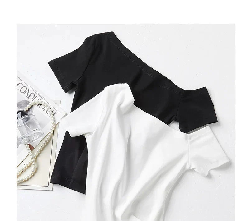 Solid Off Shoulder Short Sleeve T Shirt Simple Basic Single Sleeved Jumper Top Streetwear Slim Fit FeY2K Clothes Tees