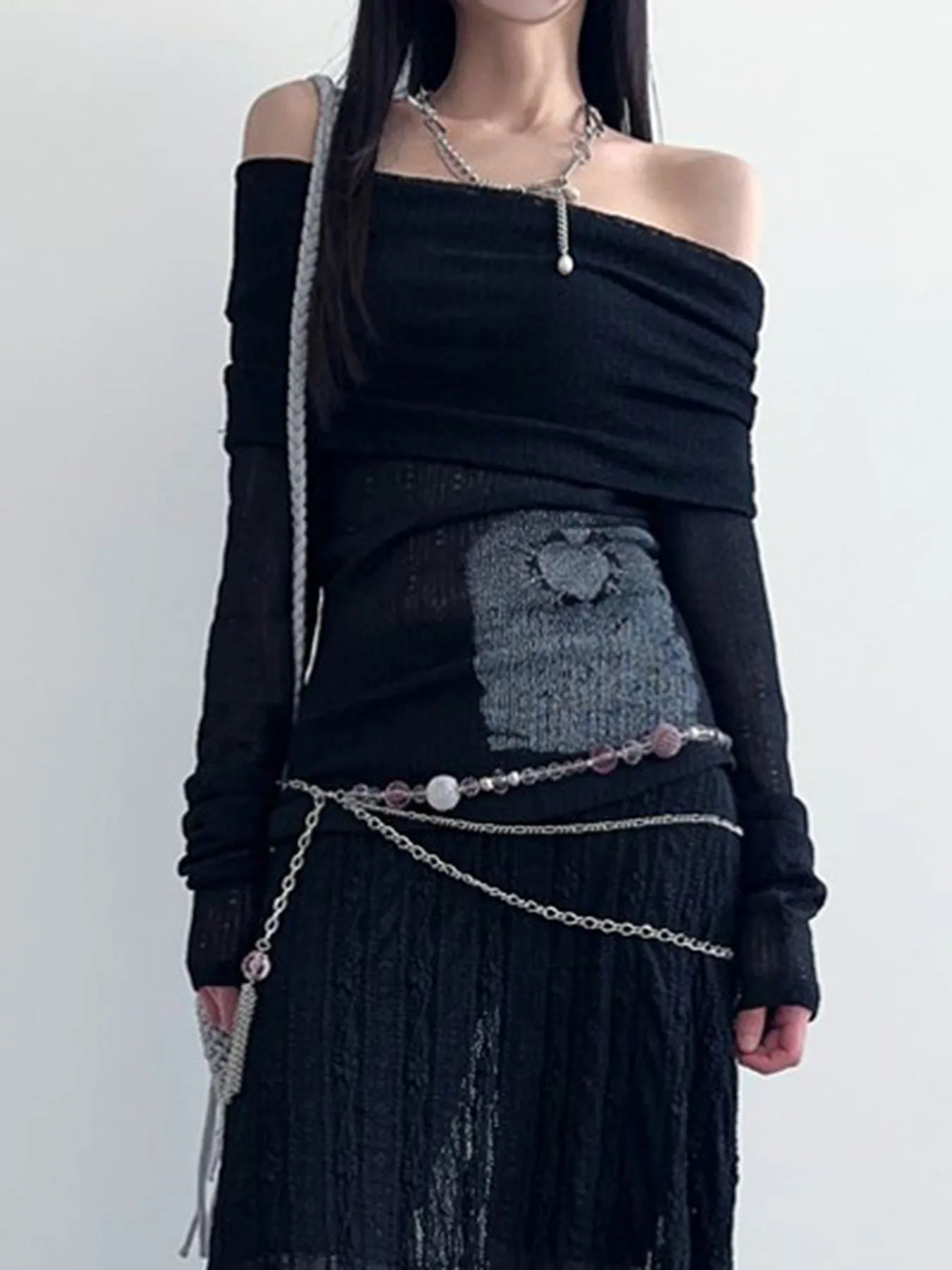 Off Shoulder Slim Long Sleeve Elegant T Shirt Women Abstract Print Korean Minimalism Style Simple Fashion Knitted Tops