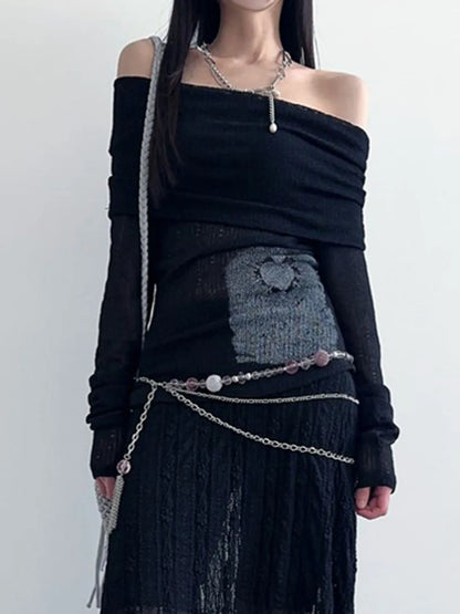 Off Shoulder Slim Long Sleeve Elegant T Shirt Women Abstract Print Korean Minimalism Style Simple Fashion Knitted Tops
