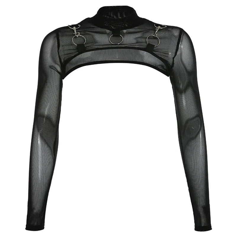 y2k Crop Top Gothic Clothing See Through High Neck Long Sleeve Mesh T Shirt Fairy Grunge Clothes 2000s Streetwear