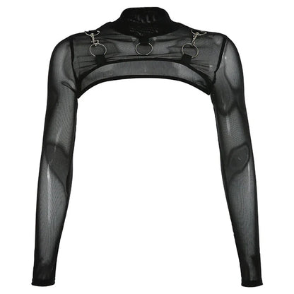 y2k Crop Top Gothic Clothing See Through High Neck Long Sleeve Mesh T Shirt Fairy Grunge Clothes 2000s Streetwear