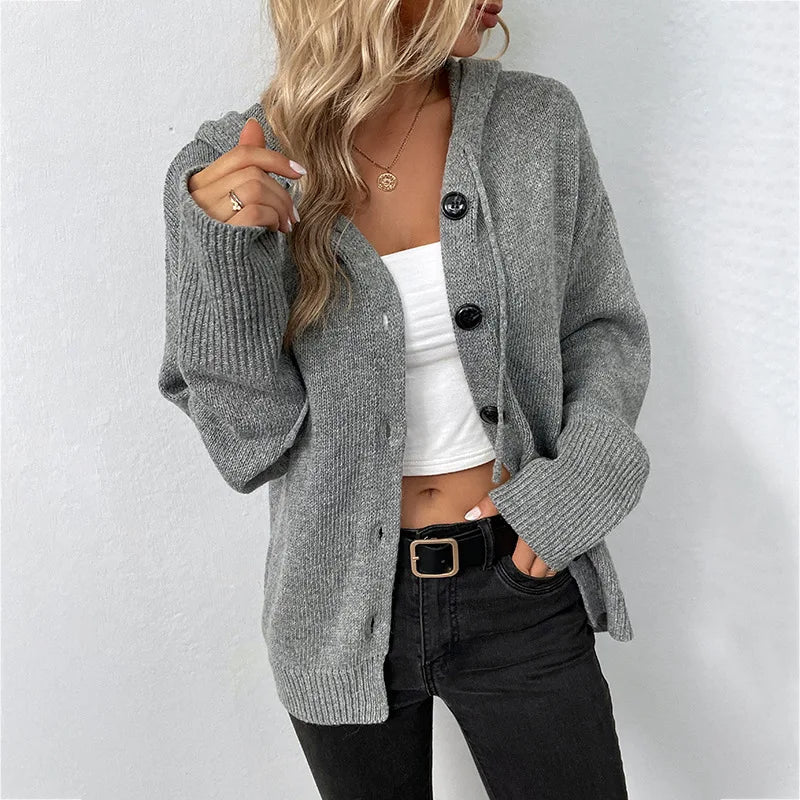 Winter Knitwear Y2k Harajuku Casual Single Breasted Solid Color Hooded Drawstring Knit Cardigan Sweater Women