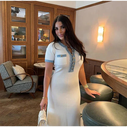 Denim Patchwork V-Neck Short Sleeve Button Bodycon Work Dress