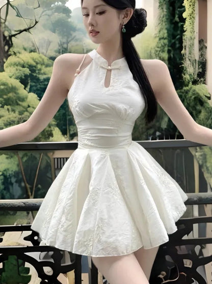 New Chinese Style Halter Short Dresses for Women Sleeveless High Waist A-line Party Dress Elegant Summer One Piece Vestido Mujer