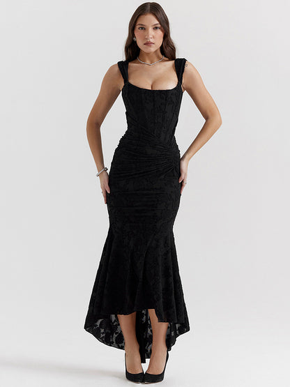 Elegant Backless Pleated Sexy Maxi Dress For Women Off-shoulder Spaghetti Strap Sleeveless Bodycon Club Party Dress