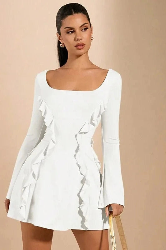 Lace Up Slim Patchwork A-Line Long Sleeve Mini Dress