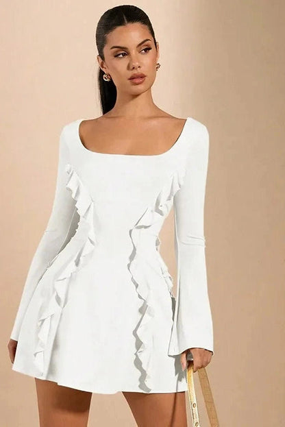 Lace Up Slim Patchwork A-Line Long Sleeve Mini Dress