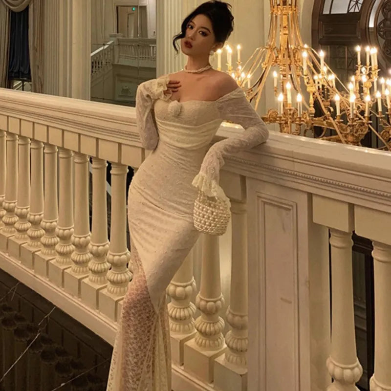 Sexy Solid Lace Maxi Dresses for Women Off Shoulder Bodycon Mermaid Autumn Birthday Evening Party Prom Robe Vestidos Mujer New