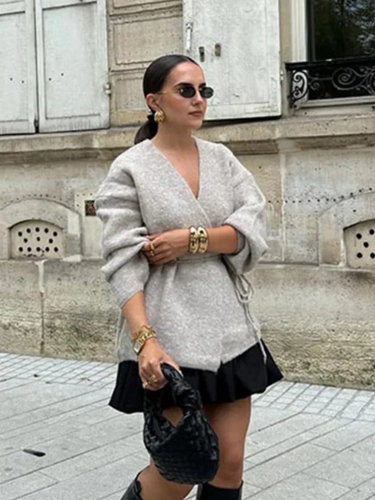 Casual Solid Lace Up Knitted Cardigan Women Fashion V Neck Long Sleeve Loose Sweater Winter New Female Elegant Streetwear
