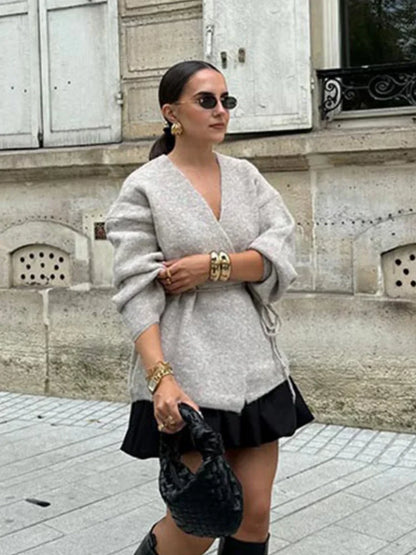 Casual Solid Lace Up Knitted Cardigan Women Fashion V Neck Long Sleeve Loose Sweater Winter New Female Elegant Streetwear