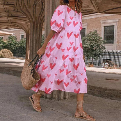 2025 Summer New Women&#8217;s Print Dress Puff Short Sleeves Ruffles Loose A-line Midi Dresses Fashion Casual Beach Vacation Vestidos
