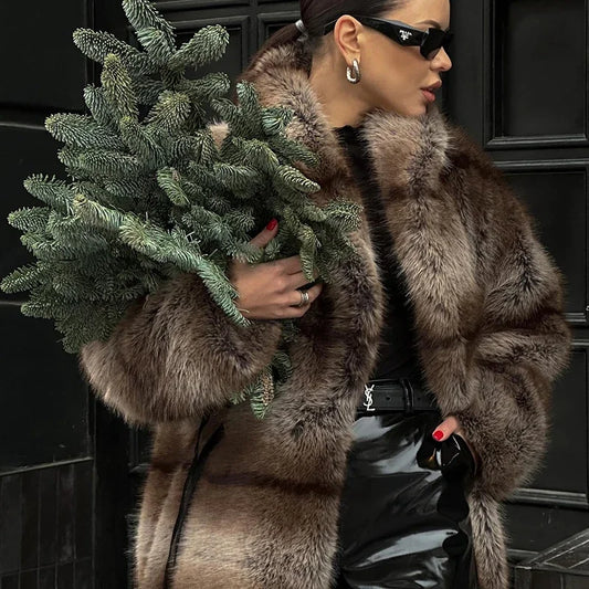 Luxury Brand Furry Faux Fox Fur Coat Women  Winter Super Warm Fluffy Fur Jacket Female High Street Long Overcoat