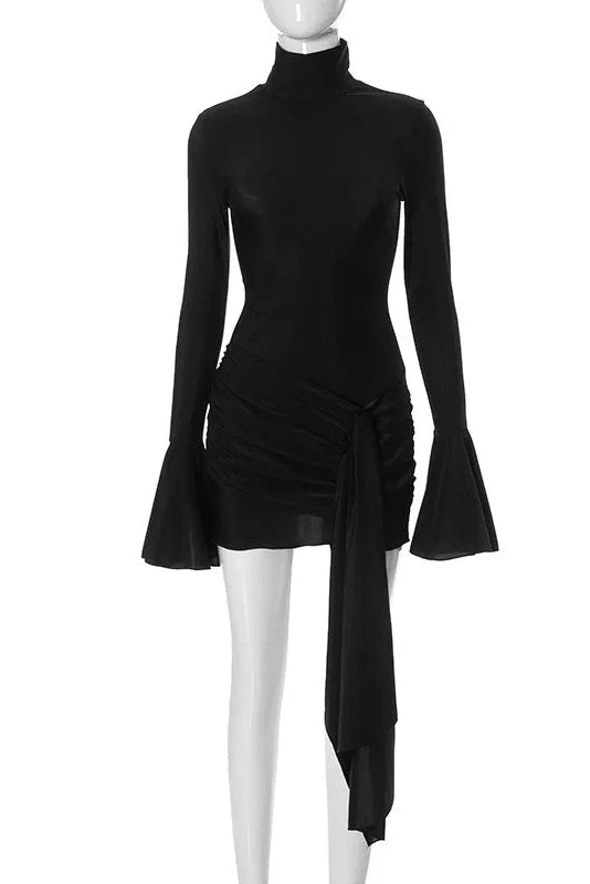 Pleated Long Sleeve Mini Dress with High Waist Patchwork
