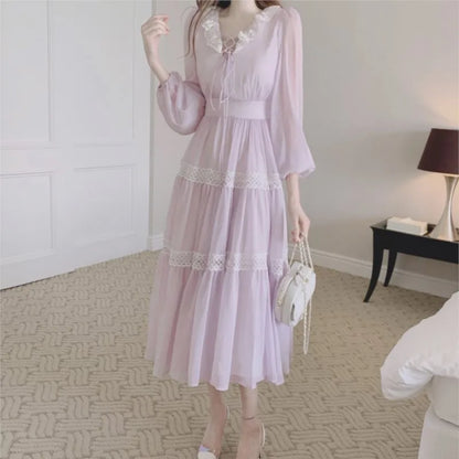 French Vintage Fairy Midi Dresses for Women Lantern Sleeve High Waist V-neck A-line Princess Party Dress Casual Female Vestidos