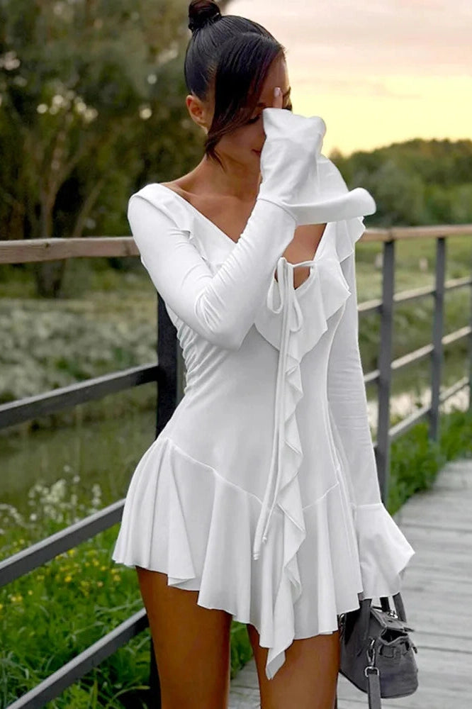 Deep V-Neck Bodycon Dress with Flared Sleeves