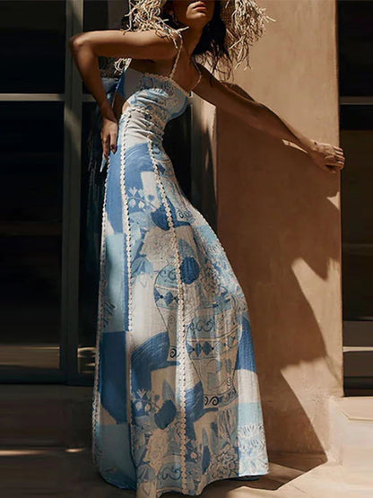 Linen Strapless Suspender Sexy Maxi Dress Women Lace Backless Large Hem Fashion Printed Long Skirt  New Holiday Vestidos