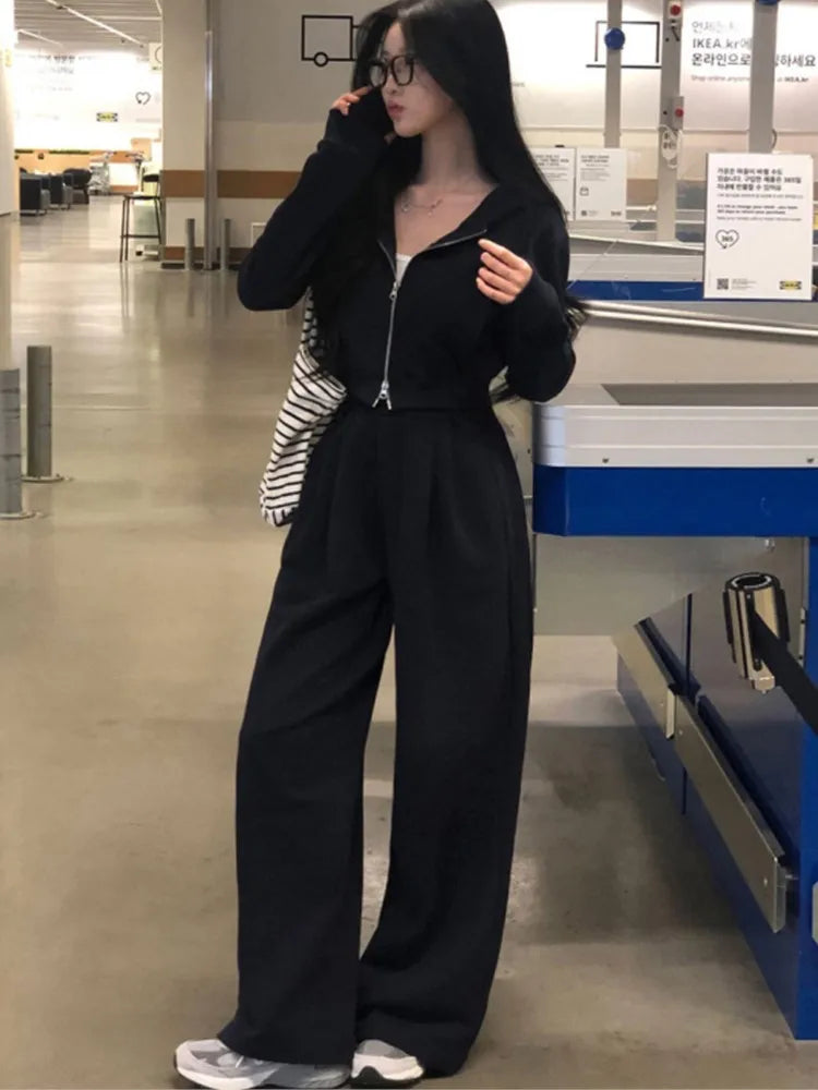 Korean Fashion Streetwear 2-piece Pants Set Women Tracksuit Autumn New Hooded Zip-up Crop Top Long Pants Casual Solid Outfits