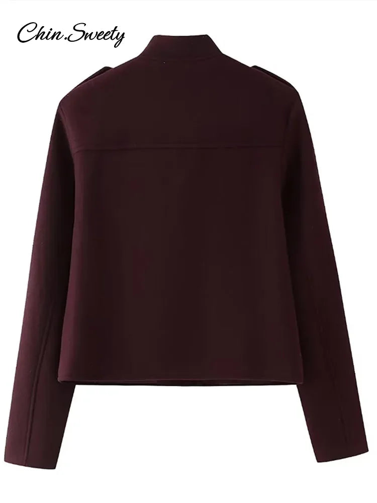 Burgundy Color Woolen Jacket For Women Stand Collar Single Breasted Pocket Thick Short Coat  Autumn Lady Commute Outwear New