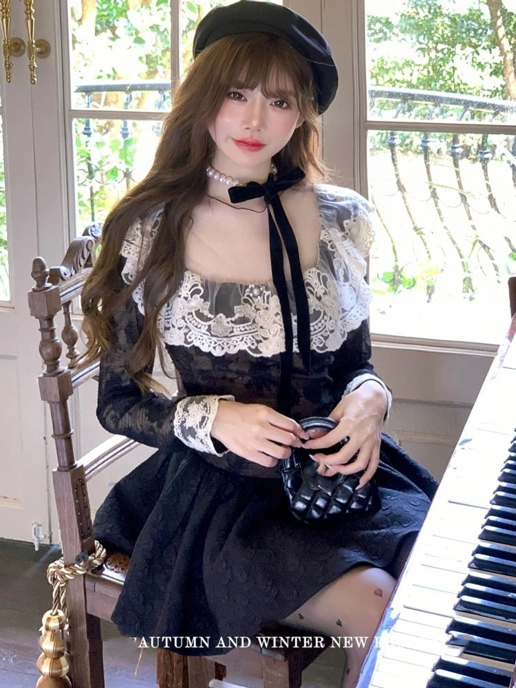 French Black Short Dresses for Women Lace Patchwork Long Sleeve A-line Birthday Party Dress Korean Fashion Mini Vestidos New
