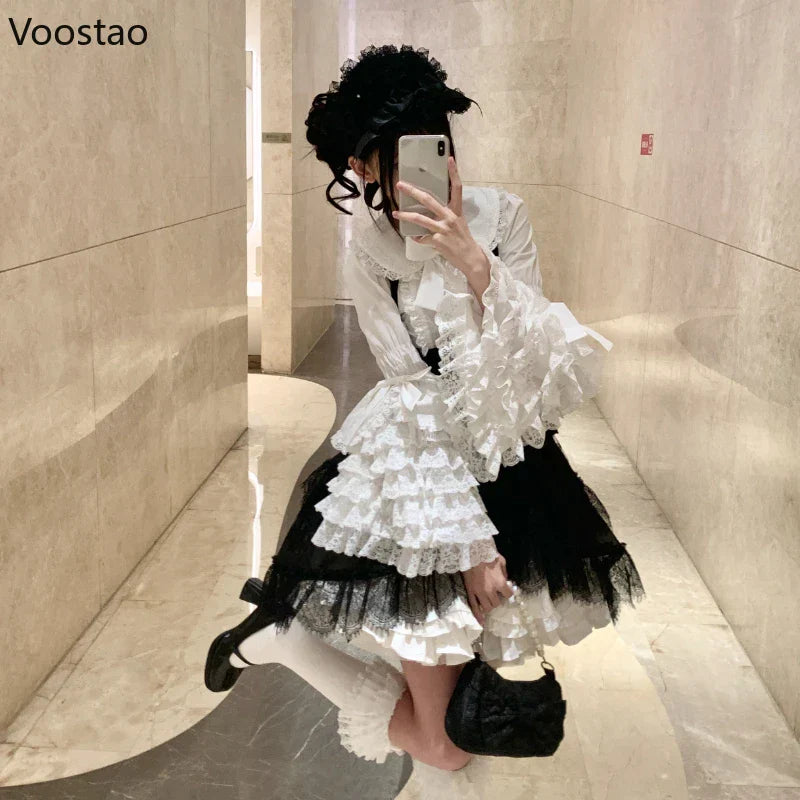Vintage Lolita Style Shirts Gothic Y2k Bow Lace Ruffle Flare Long Sleeve Blouse Japanese Sweet Elegant Cute Tops