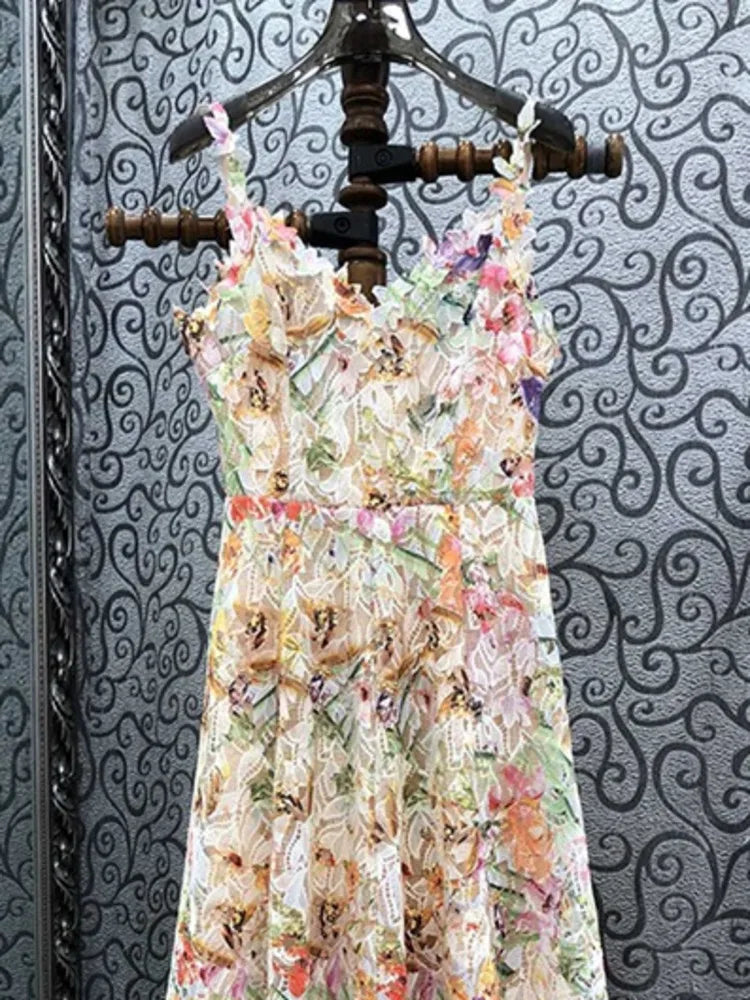 Elegant Long Dress Hotsweet Print Slash Collar 3D Flower Hollowed Out Fashion Camisole Dresses Women 2025 Spring Summer 959