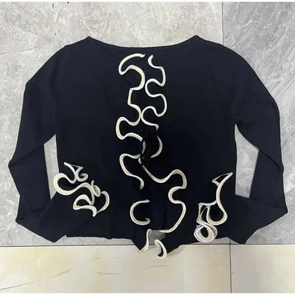 Elegant Slim Ruffle Lace Up Blouse Women Vintage Patchwork Hollow Out Short Cardigan Female Autumn Fashion Street Knitwear