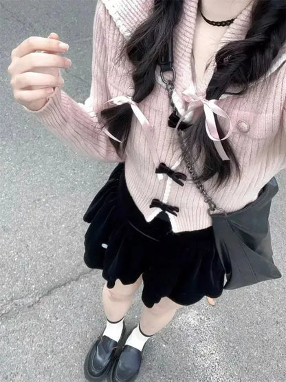 Voguable  Pink Sweet Cardigan Long Sleeve Y2k High Waist Knitted Coats Tops Japan Style Bow Sweaters Kawaii Slim Fit Women