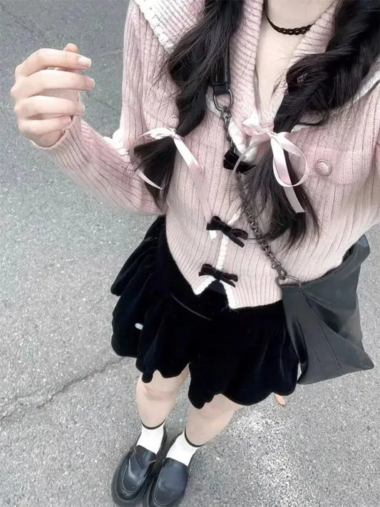 Voguable  Pink Sweet Cardigan Long Sleeve Y2k High Waist Knitted Coats Tops Japan Style Bow Sweaters Kawaii Slim Fit Women