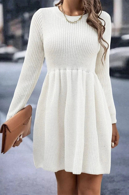 Pleated Long Sleeve Mini Dress with High Waist