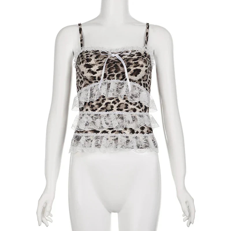 Voguable  Y2K Leopard Print Lace Ruffle Patchwork Camis Brown Coquette Aesthetic Slim-fit Bow Tank Tops Cute Fairycore Vest Cute