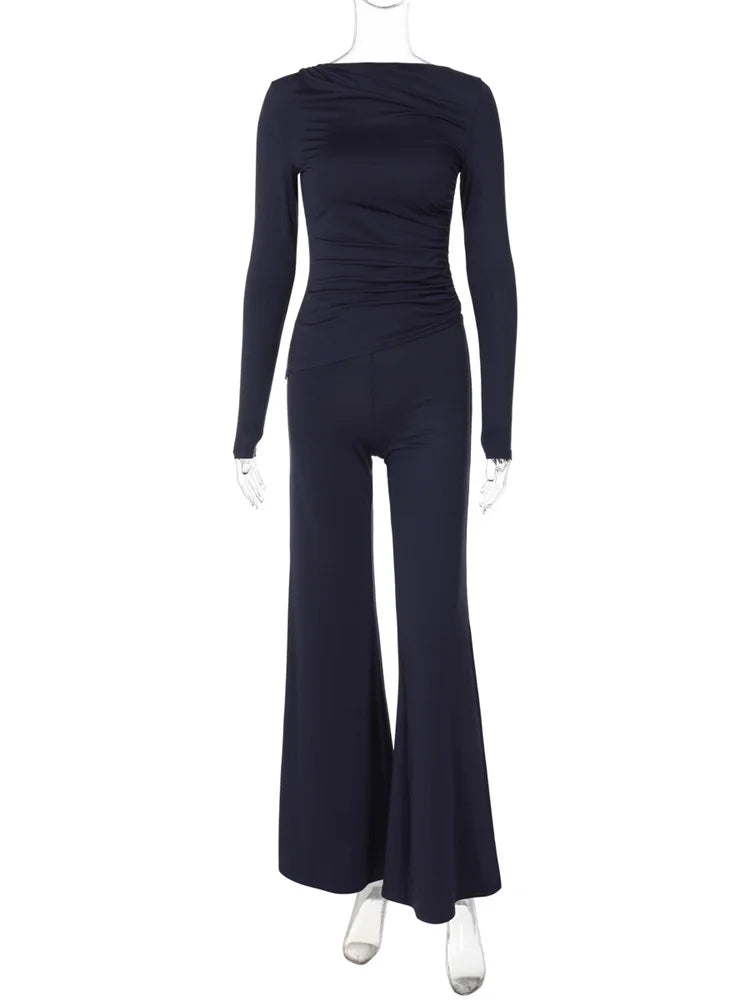 Fashion Autumn 2 Piece-Set Female Flared Pants Streetwear Slim Pleated Long Sleeve Casual Outfits Women’s Pants Sets